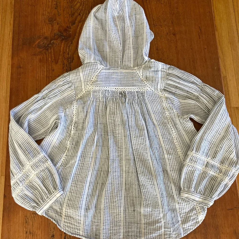 Free People Hooded Puff Sleeve Swing Shirt White, Black, Blue Stripes Size XS